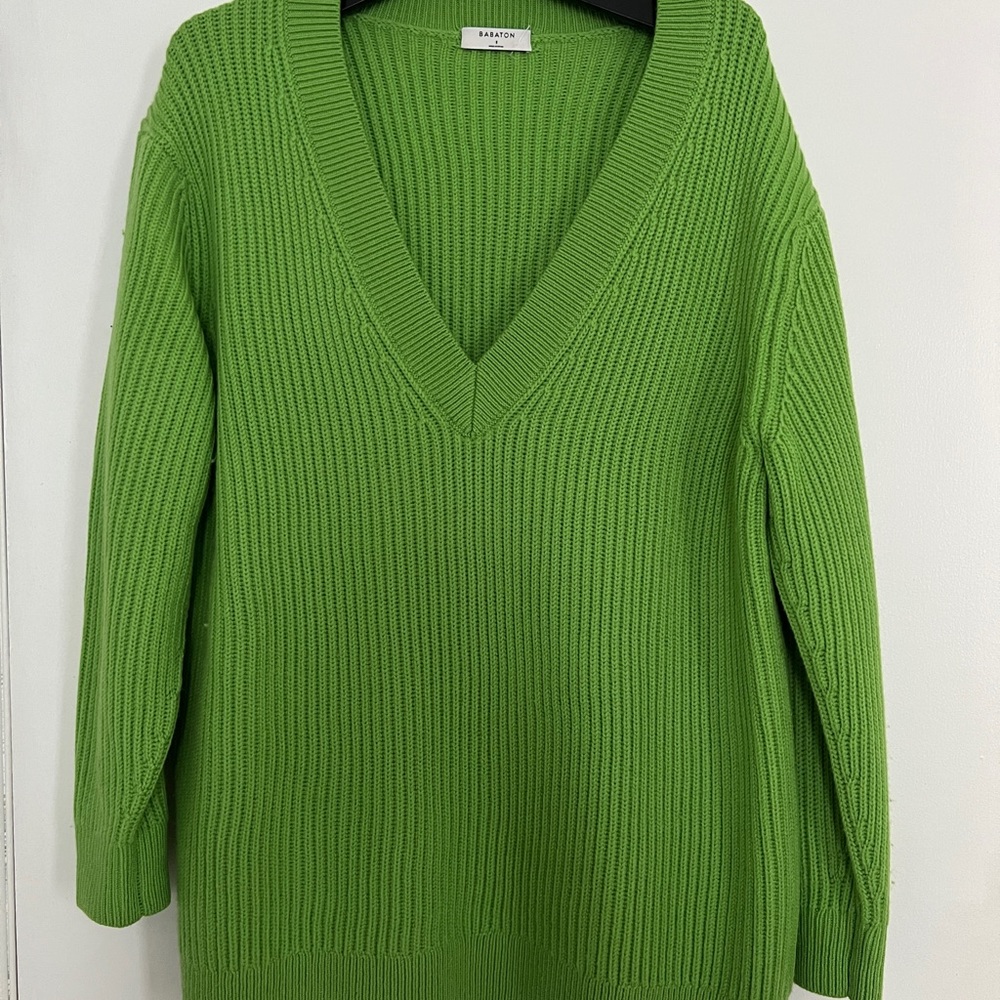 Babaton Green V-Neck Ribbed Sweater